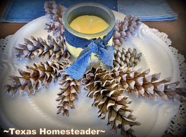 Beeswax candle with denim ribbon and pinecones on white platter for natural decoration. #TexasHomesteader