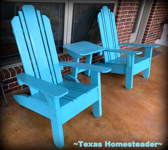 Our homemade Adirondack chairs professionally painted turquoise. #TexasHomesteader