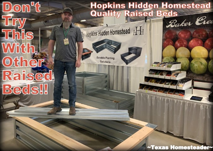 Hopkins Hidden Homestead - Kris Hopkins standing on metal panel on raised bed #TexasHomesteader