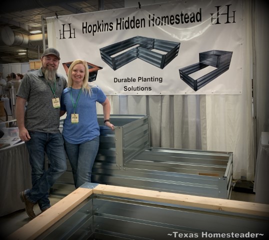 Kris Hopkins and wife Kalitta. Hopkins Hidden Homestead raised beds with wood kit and bench #TexasHomesteader