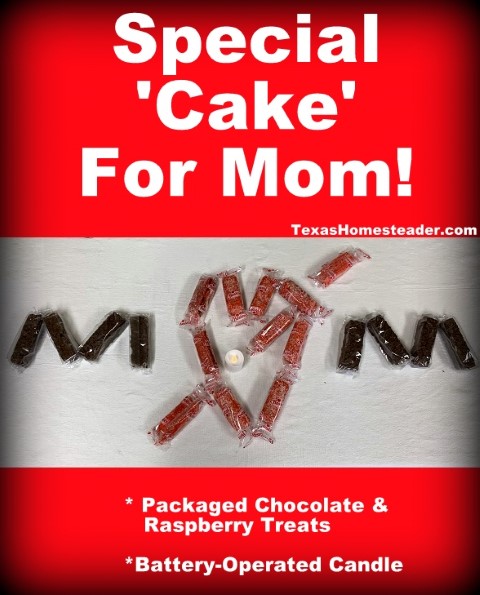 Cake for mom using packaged chocolate and raspberry treats with heart and battery-operated candle. #TexasHomesteader