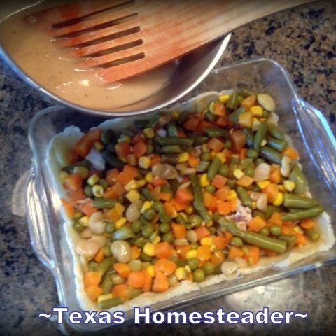 Homemade chicken pot pie using leftover chicken, canned vegetables and cream of chicken soup. #TexasHomesteader