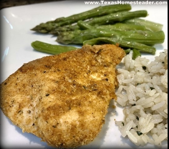 Air fryer fried chicken, steamed asparagus and seasoned rice. #TexasHomesteader