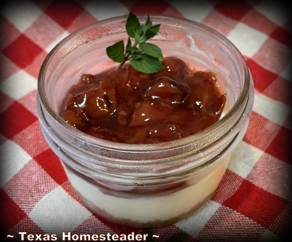 Mason jar jar wide mouth canning cheesecake with cherry pie filling. #TexasHomesteader