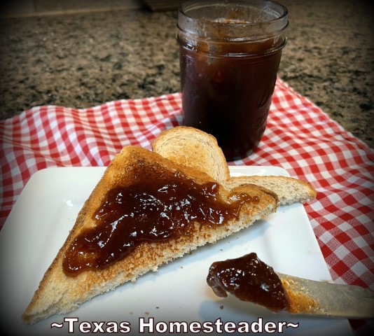 Homemade Concord Grape Jelly toast on white plate with napkin. #TexasHomesteader