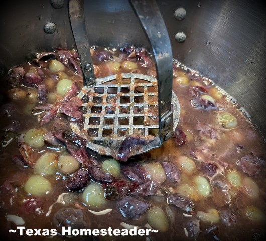 Mashing grapes with potato masher to make Concord Grape Jam Jelly. #TexasHomesteader