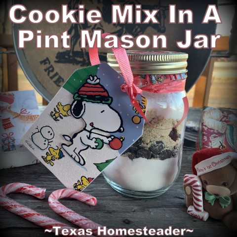 Chocolate chip cookie mix in a 16-oz pint size canning mason jar #TexasHomesteader