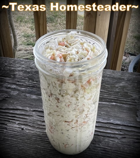 Creamy coleslaw - Store in a lidded large wide-mouth quart mason jar in the refrigerator. #TexasHomesteader