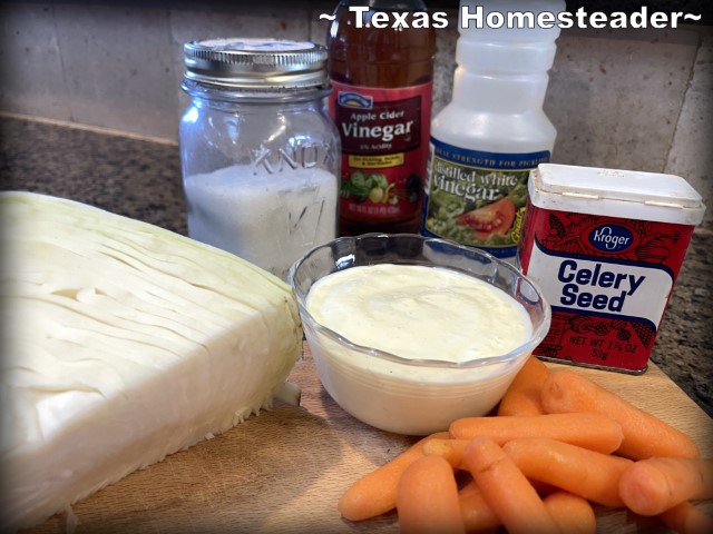 Creamy coleslaw ingredients - cabbage, carrots, mayonnaise, vinegar, celery seed. #TexasHomesteader
