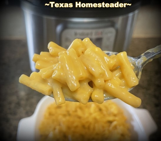 Instant pot boxed Macaroni and cheese Mac & Cheese held on a fork. #TexasHomesteader