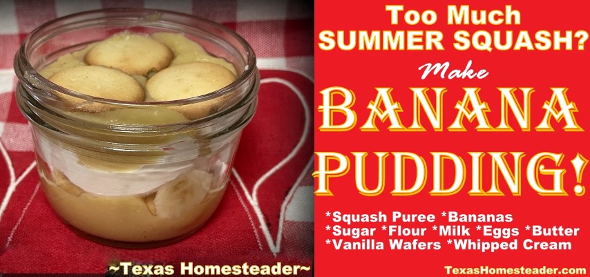 Banana pudding made with summer squash, bananas, vanilla wafers in mason jar. #TexasHomesteader
