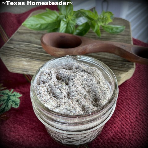 Simple Homemade Stew Seasoning Mix in glass canning jar with wooden measuring spoon - #TexasHomesteader
