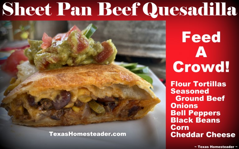 Sheet Pan Beef Quesadilla - Flour tortillas, ground beef, onions, cheese. #TexasHomesteader