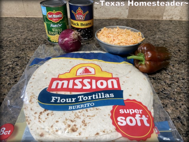 Sheet pan beef quesadilla - burrito sized flour tortilla, onion, bell pepper, shredded cheese, beans and corn. #TexasHomesteader