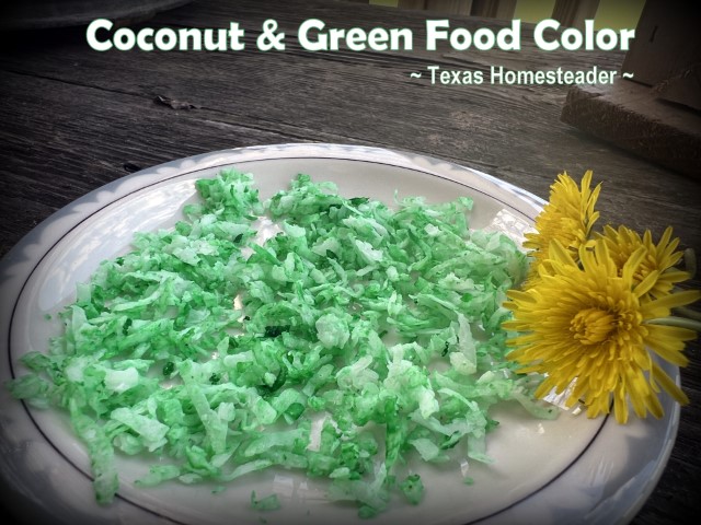 Coconut colored green with food coloring to look like grass for Easter nest. #TexasHomesteader