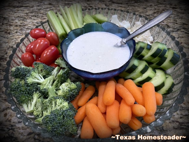 Zero-waste vegetable tray - cheaper with more veggies and leftovers - salad dressing dip. #TexasHomesteader