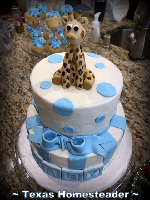 Baby shower cake - blue and white icing with giraffe figure on top and blocks on the bottom spelling BABY. #TexasHomesteader