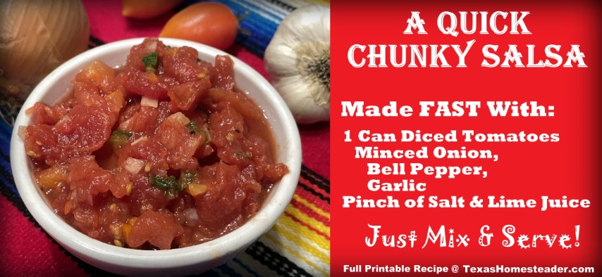 You can make a quick salsa substitute by using a can of diced tomato, minced onion, pepper and garlic and a squeeze of lime juice. #TexasHomesteader