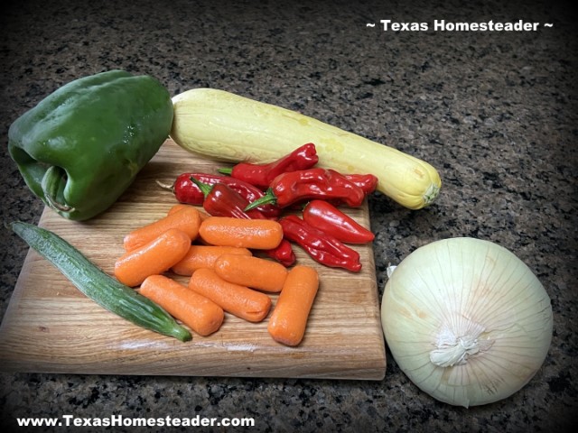 Fresh garden vegetables - green bell pepper, yellow squash, red peppers, onion, carrots. veggies #TexasHomesteader