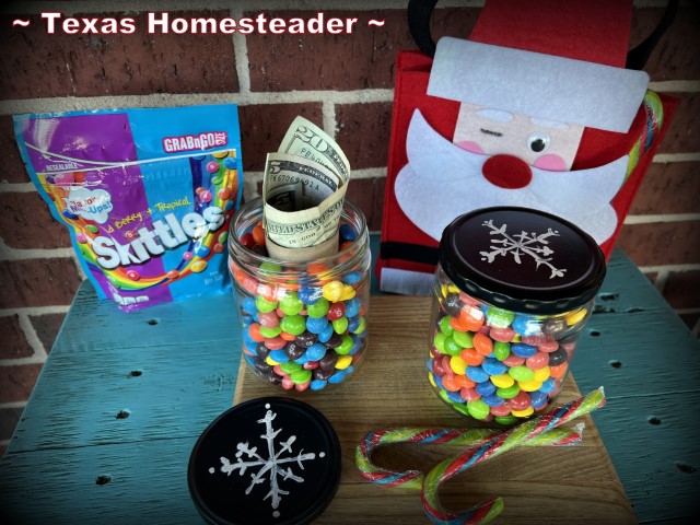 Candy and cash gift idea - skittles, money and repurposed jar. #TexasHomesteader