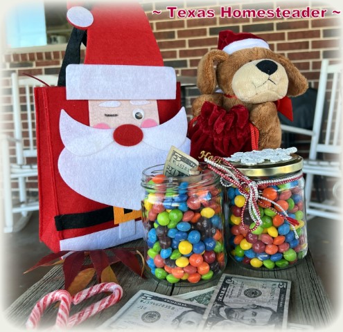 Candy and money Christmas gift idea - skittles, money in repurposed jar