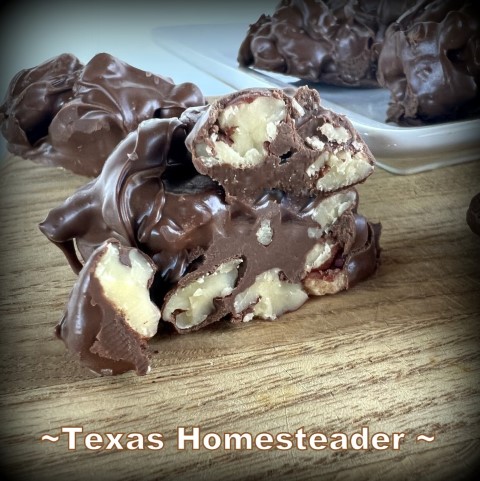 Pecan clusters candy made with chocolate, pecans and a slow cooker. #TexasHomesteader